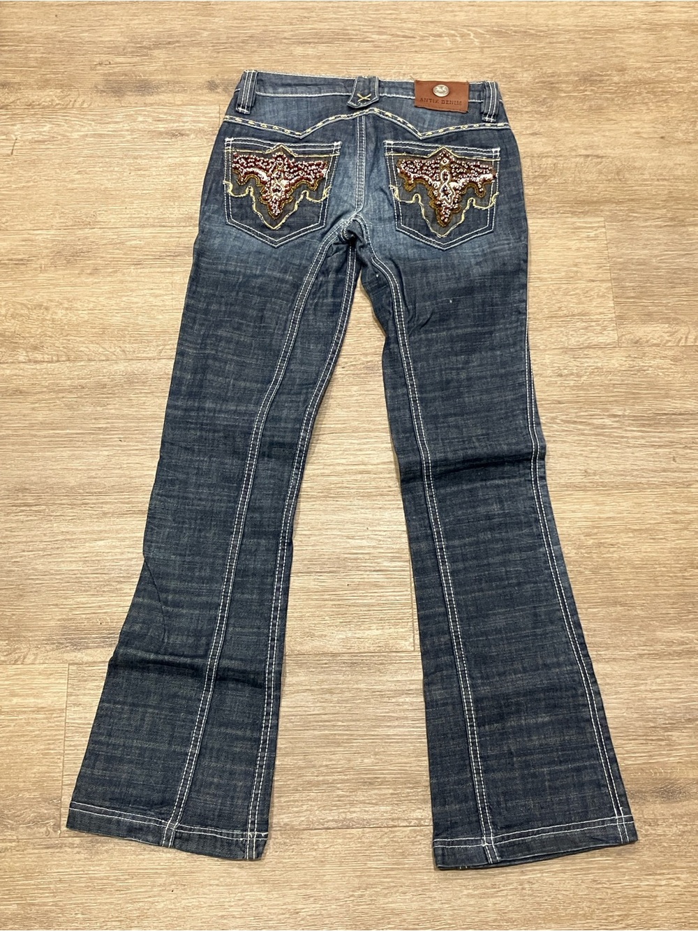 Antik Denim beaded Dark Wash Embroidered Pocket Bootcut Jeans - 25